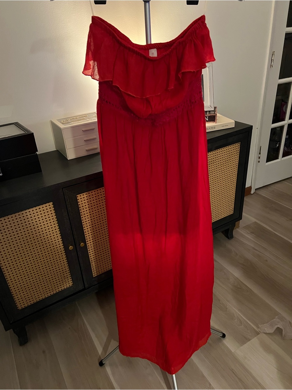 No Boundaries Red Off-Shoulder  Maxi Dress (strapless, sleeveless tube top style